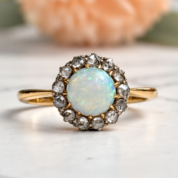 Antique Victorian opal and rose cut diamond ring in 18ct yellow gold and platinum for sale in Leeds
