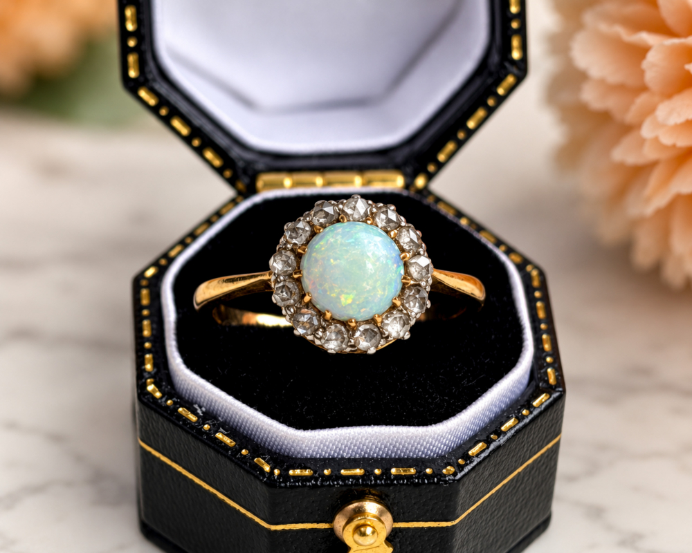 Antique Victorian opal and rose cut diamond ring in 18ct yellow gold and platinum for sale in Leeds in a box