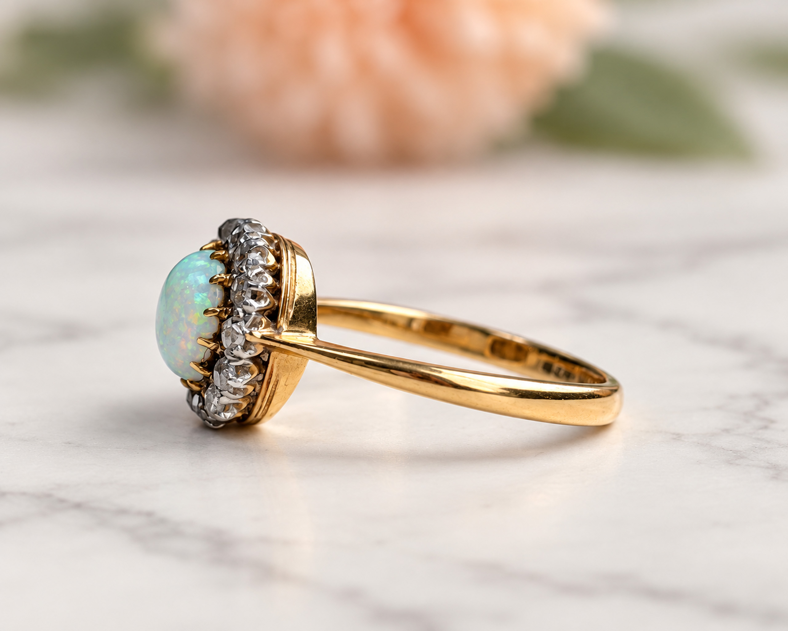 Victorian opal and rose cut diamond ring side view