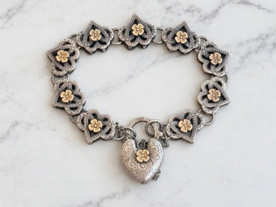 antique Victorian 9ct gold and silver heart padlock bracelet for sale in Leeds