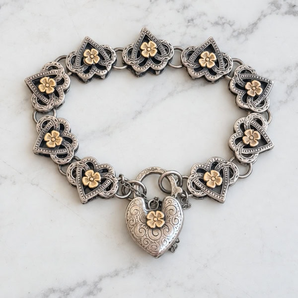 antique Victorian 9ct gold and silver heart padlock bracelet for sale in Leeds