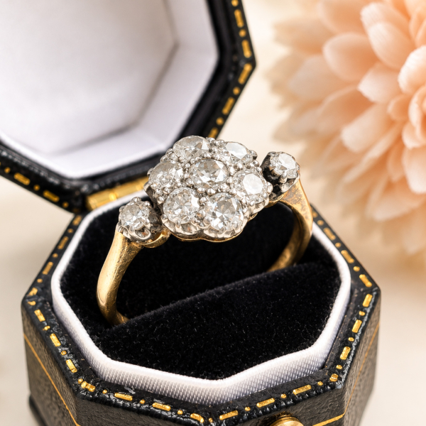 Art Deco diamond daisy cluster ring in 18ct yellow gold and platinum for sale in Leeds