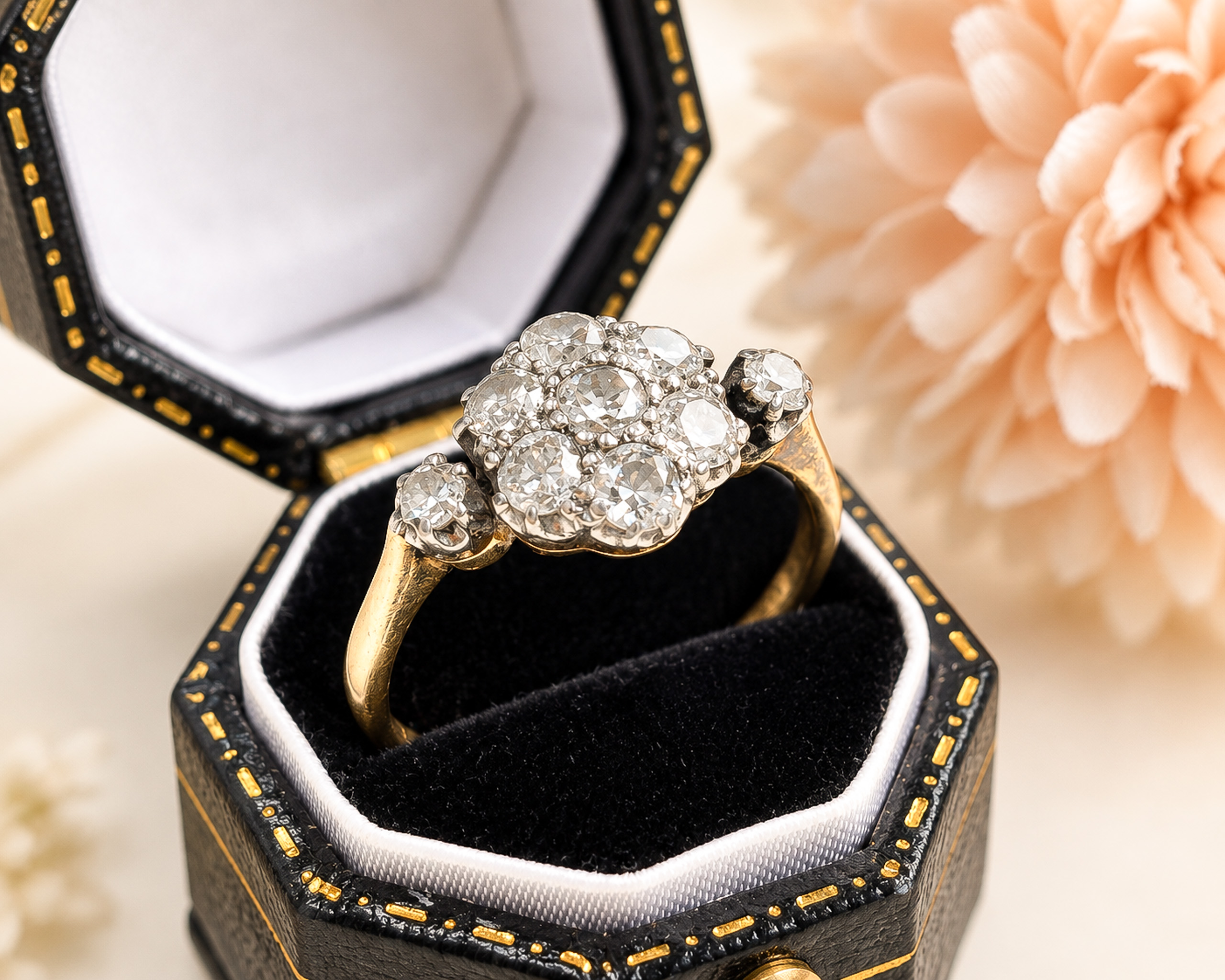 art deco daisy cluster ring in box