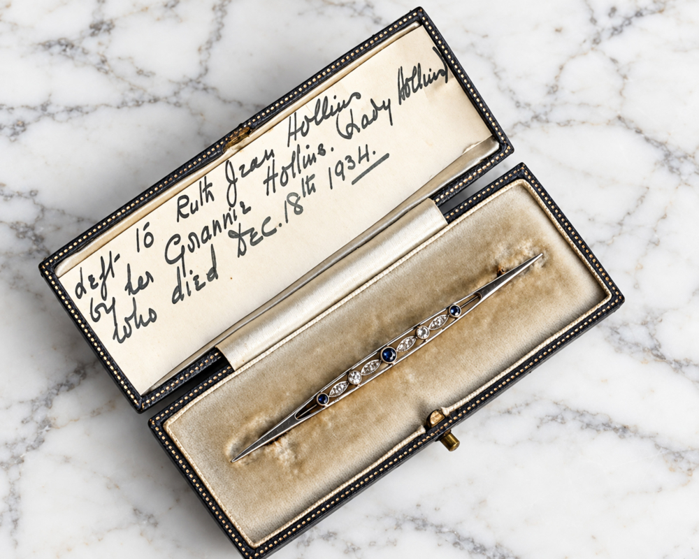 brooch from Lady Hollins antique Edwardian sapphire and diamond bar brooch with hand written note from Lady Hollins in the original box