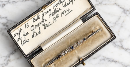 antique Edwardian sapphire and diamond bar brooch with hand written note from Lady Hollins in the original box