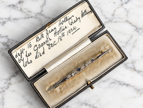antique Edwardian sapphire and diamond bar brooch with hand written note from Lady Hollins in the original box