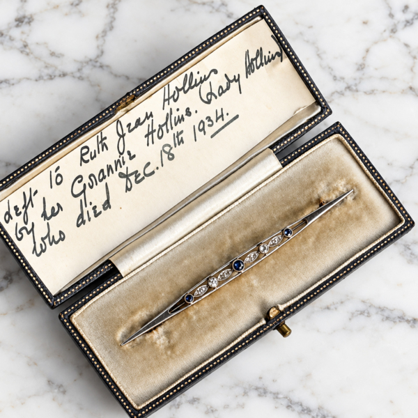 antique Edwardian sapphire and diamond bar brooch with hand written note from Lady Hollins in the original box
