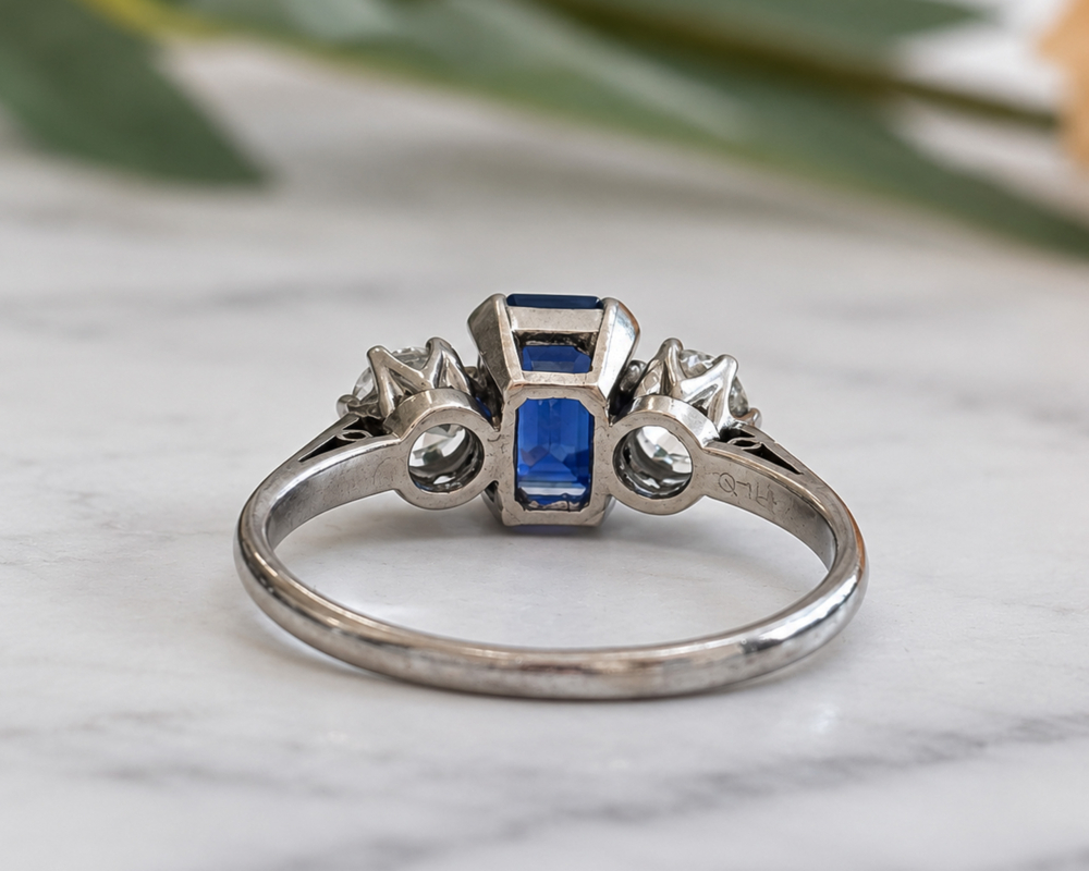 antique Art Deco Burmese sapphire ad diamond three stone ring for sale in Leeds showing the back of the ring