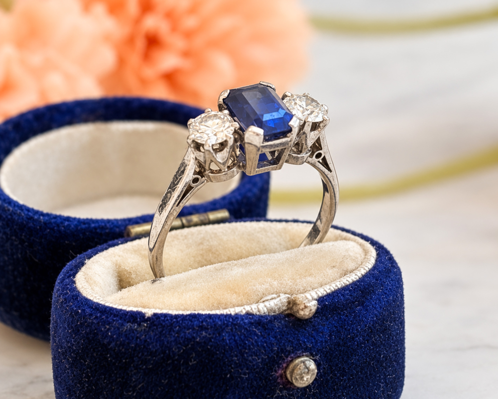 antique Art Deco Burmese sapphire ad diamond three stone ring for sale in Leeds displayed in a blue box and showing the ring gallery
