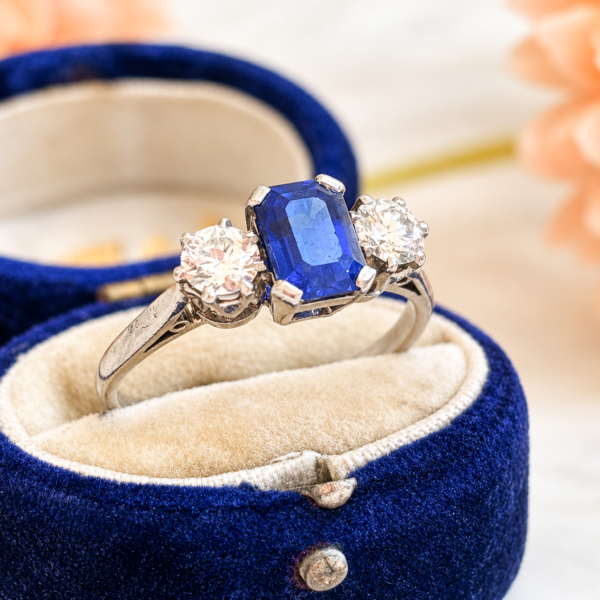 antique Art Deco Burmese sapphire ad diamond three stone ring for sale in Leeds