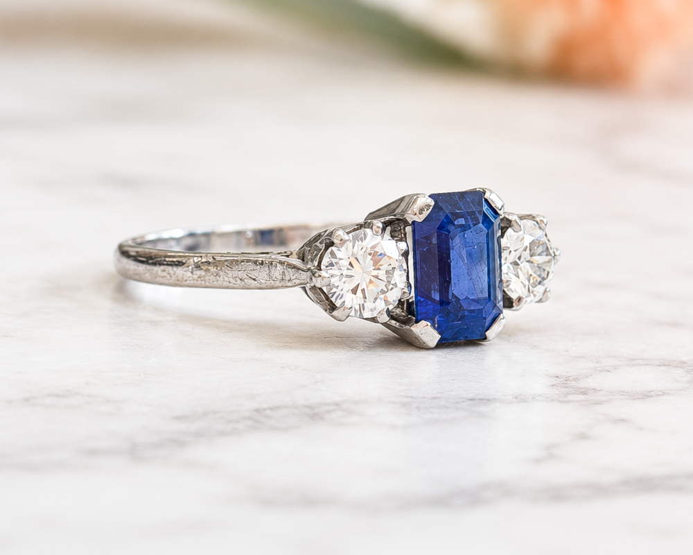 antique Art Deco Burmese sapphire ad diamond three stone ring for sale in Leeds, showing the side profile of the ring