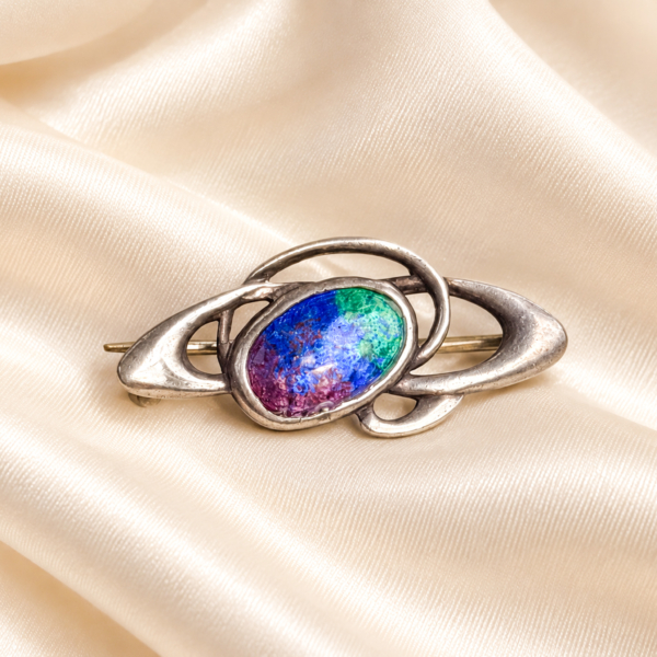 antique Charles Horner silver and enamel brooch for sale in Leeds on cream silk