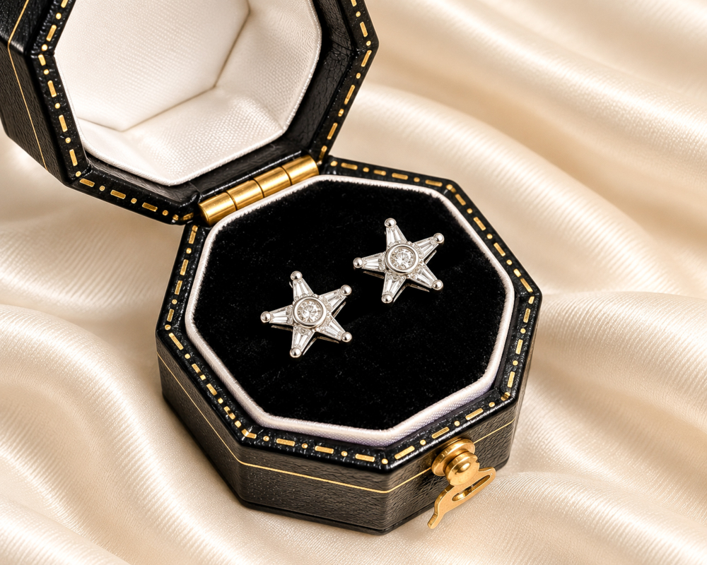 vintage diamond star studs in 14ct white gold for sale in Leeds in black box