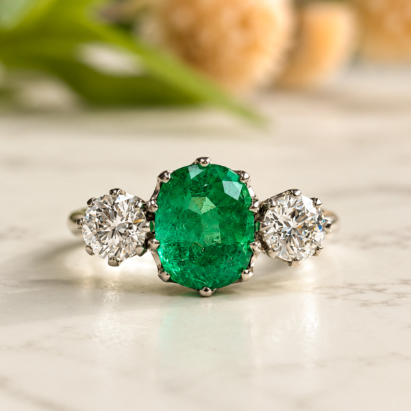 Vintage style emerald and diamond three stone ring in platinum for sale in Leeds
