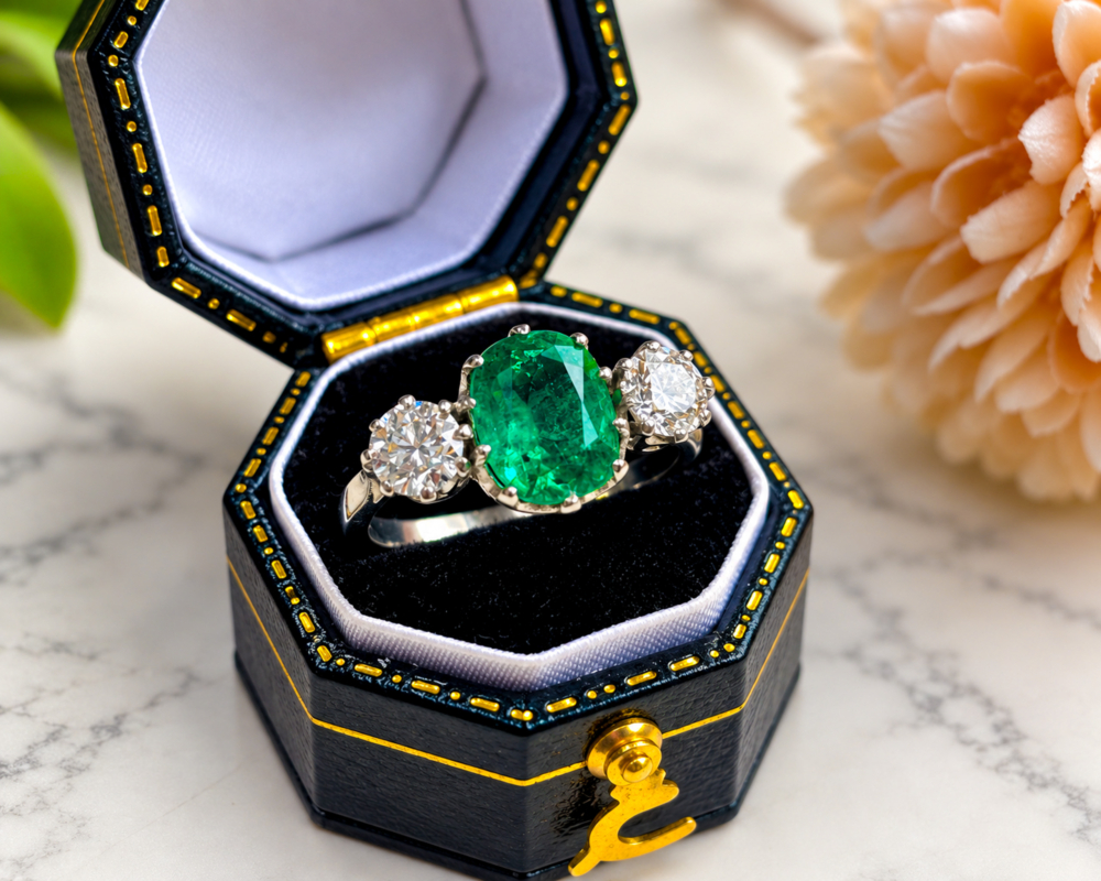 Vintage style emerald and diamond three stone ring in platinum for sale in Leeds in a black box