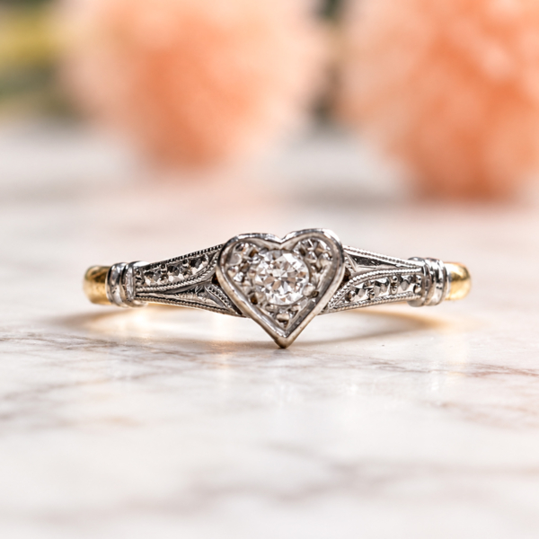 Art Deco diamond heart ring in 18ct yellow gold and platinum for sale in Leeds