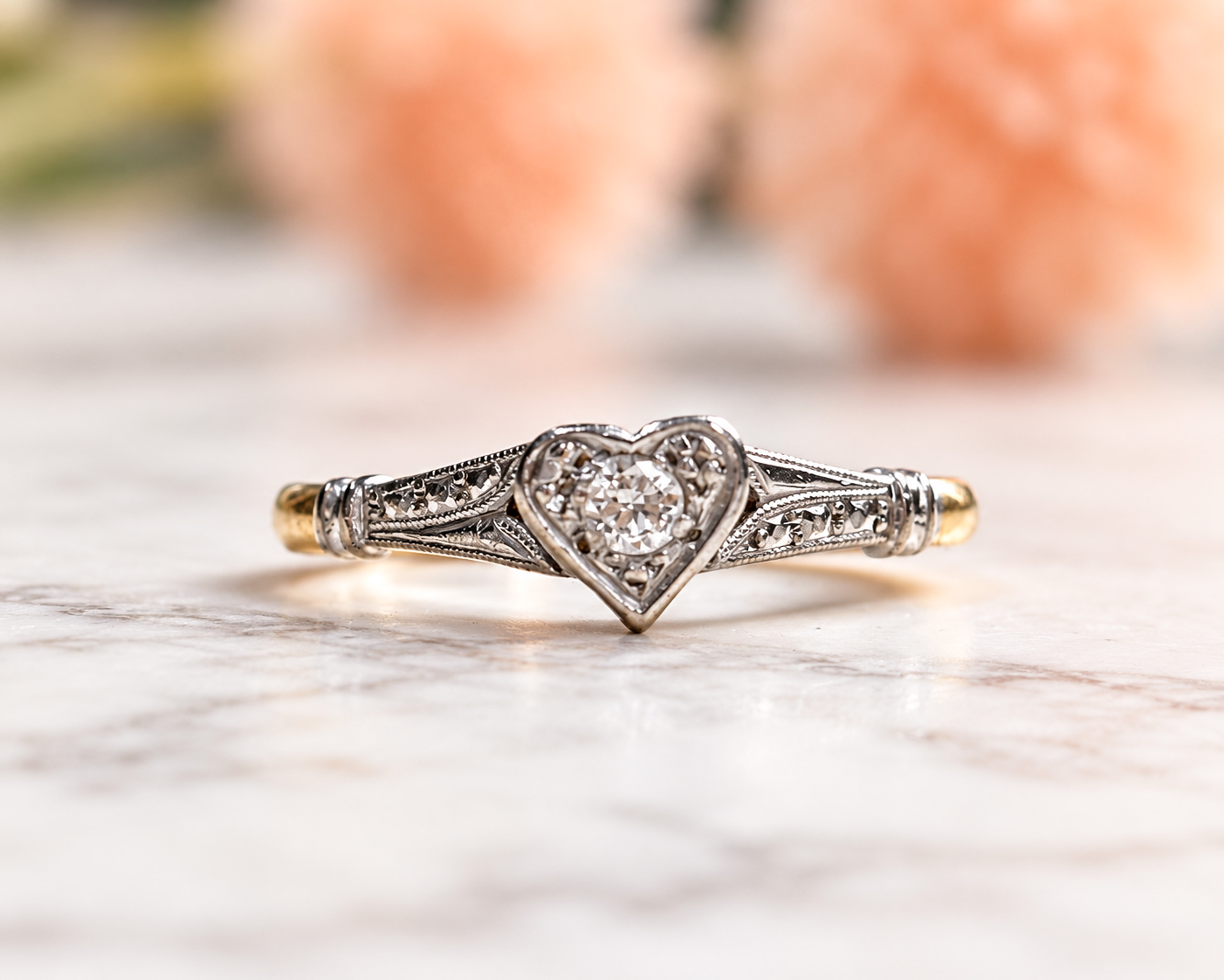 Art Deco diamond heart ring in 18ct yellow gold and platinum for sale in Leeds