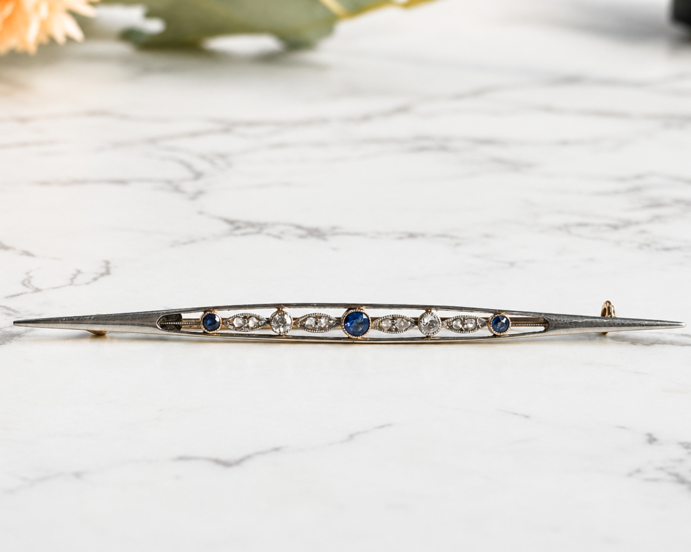 antique Edwardian sapphire and diamond bar brooch with hand written note from Lady Hollins in the original box