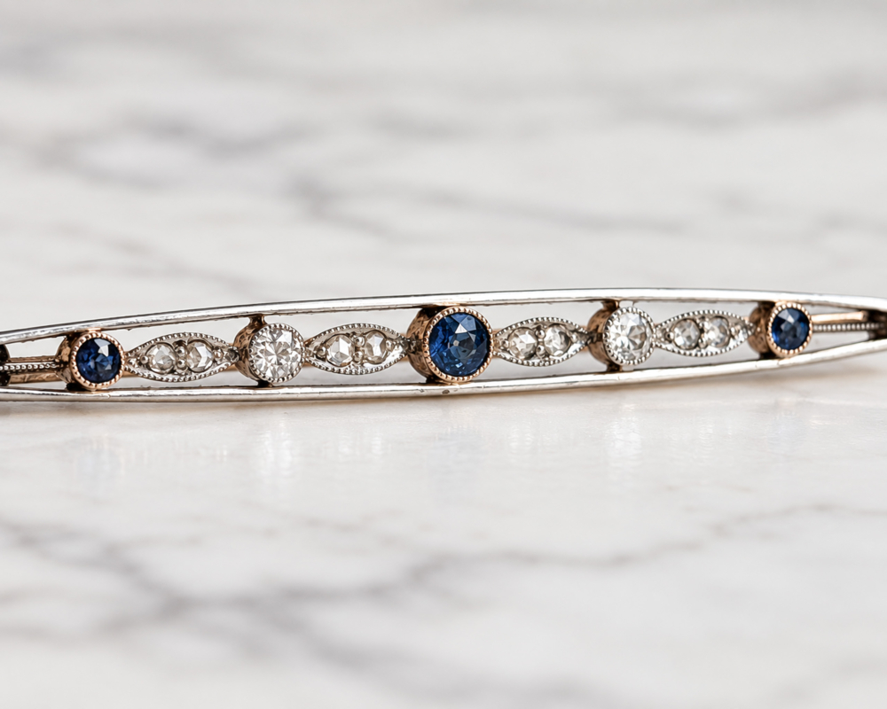 antique Edwardian sapphire and diamond bar brooch with hand written note from Lady Hollins in the original box