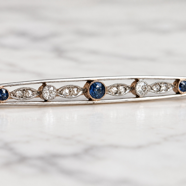 antique Edwardian sapphire and diamond bar brooch with hand written note from Lady Hollins in the original box