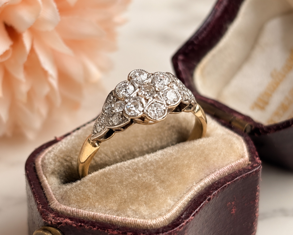 Art deco old cut diamond cluster ring for sale in Leeds in an antique box