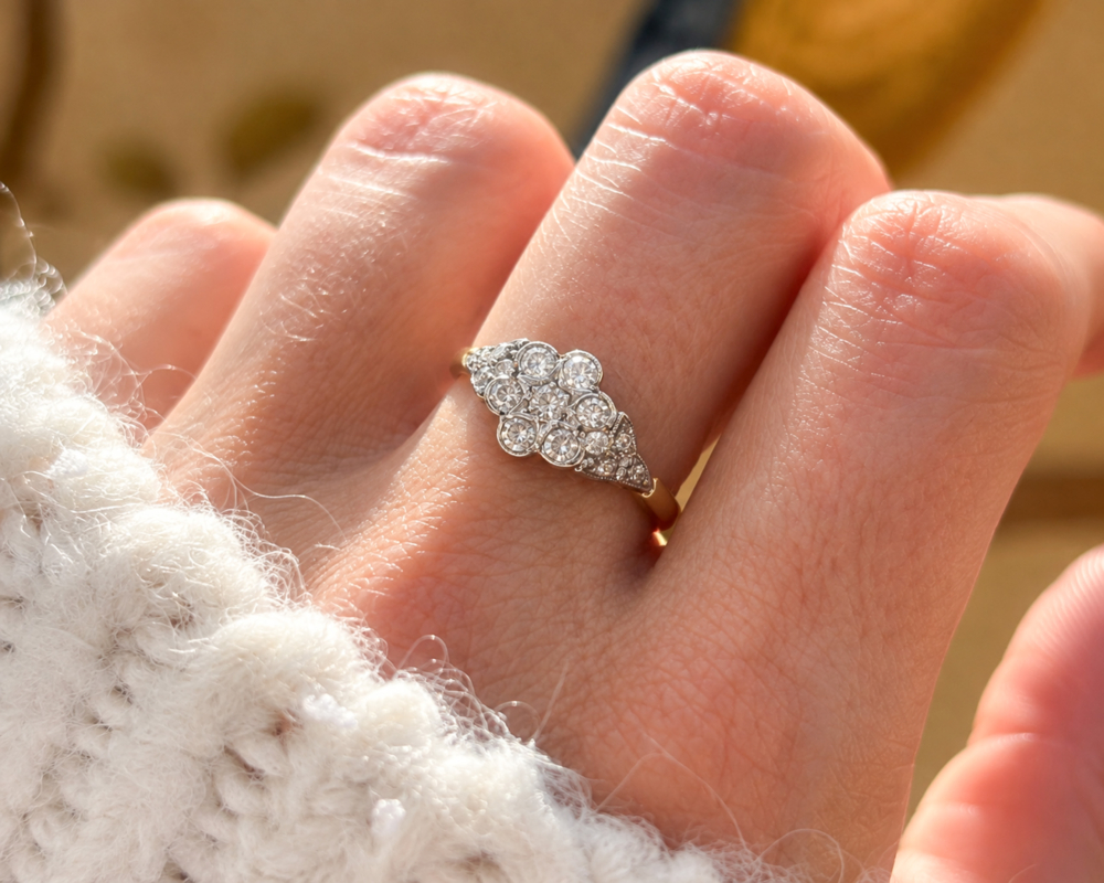Art deco old cut diamond cluster ring for sale in Leeds on hand