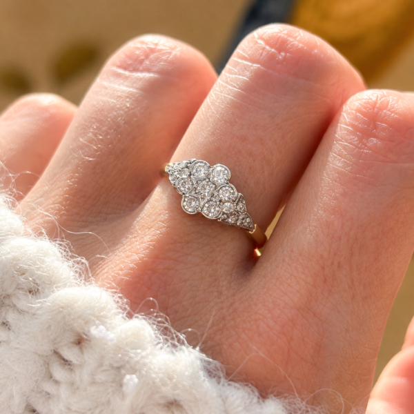Art deco old cut diamond cluster ring for sale in Leeds on hand