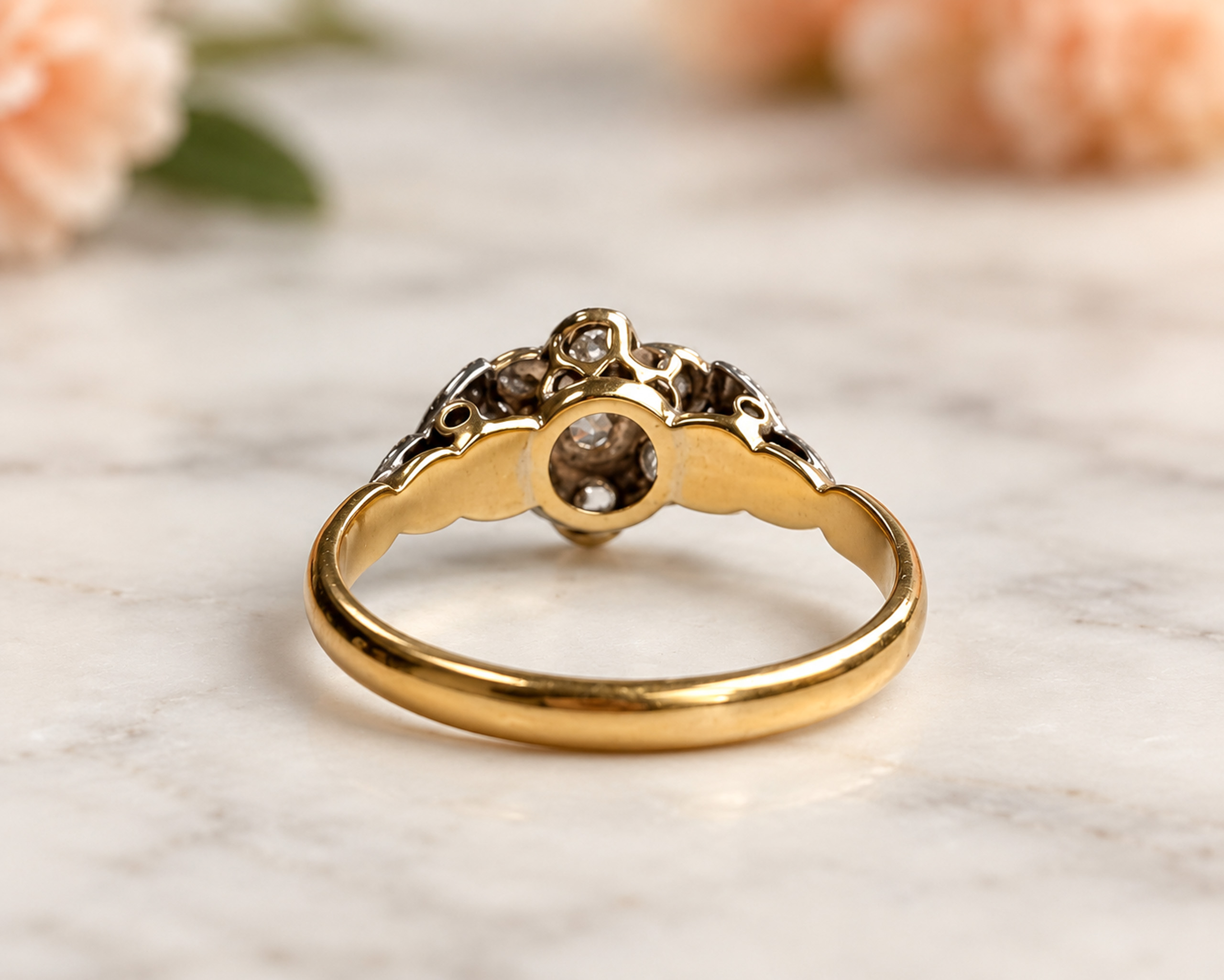 old cut diamond cluster ring rear view