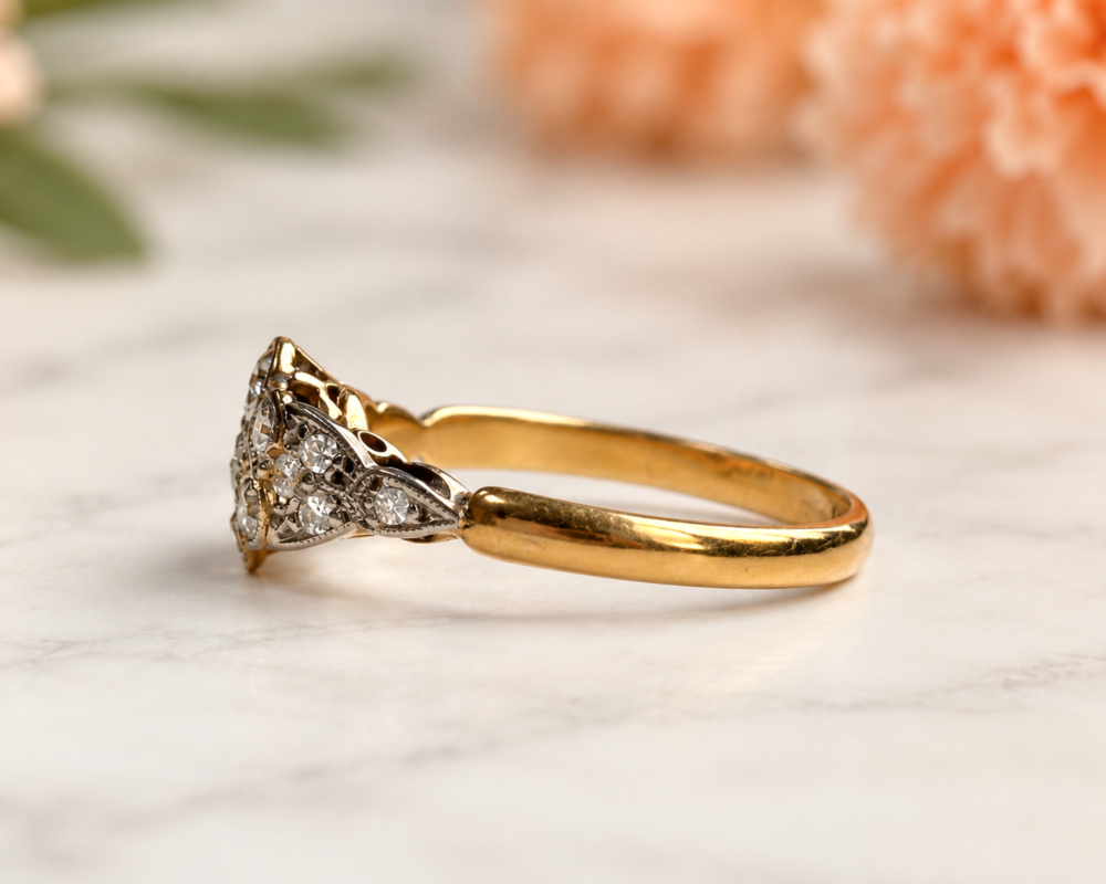 Art deco old cut diamond cluster ring for sale in Leeds showing side profile of the ring