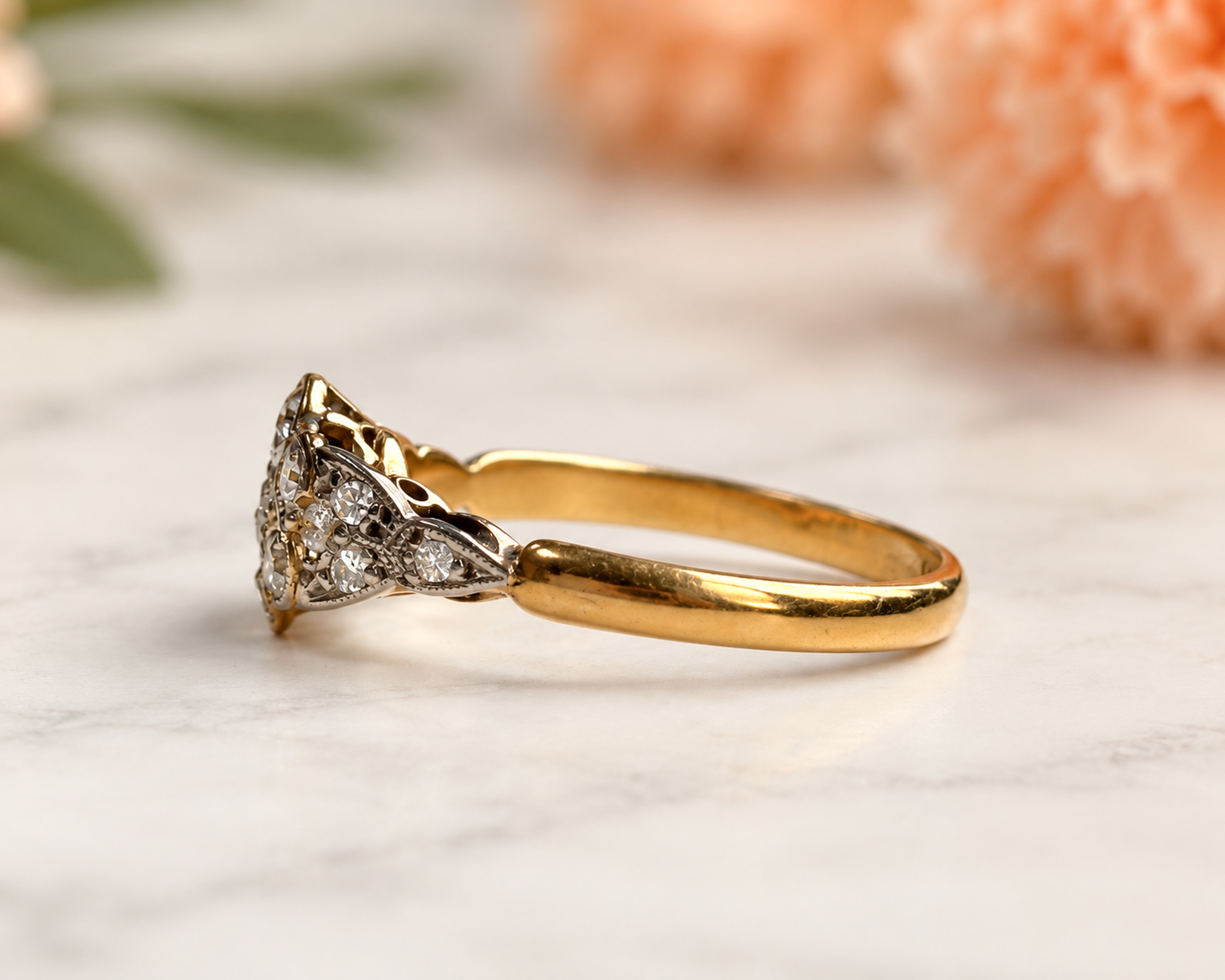 old cut diamond cluster ring side view
