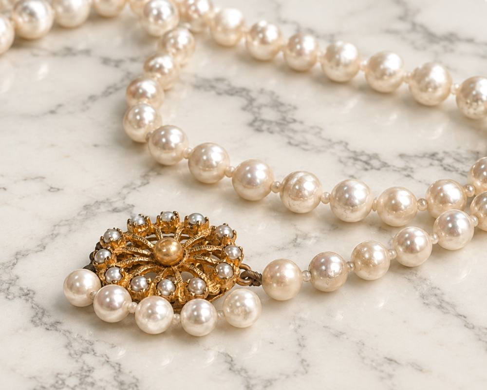 1940s cultured pearl necklace with 9ct yellow gold and pearl clasp