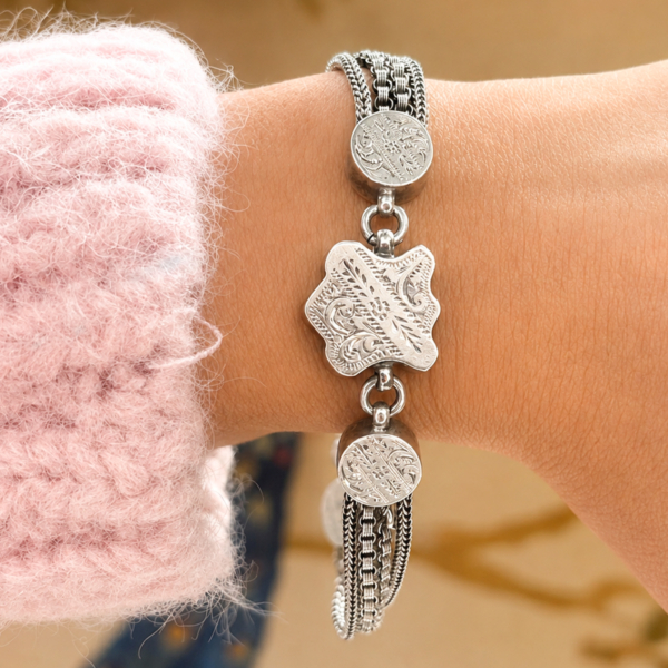 antique silver Albertina bracelet for sale in Leeds shown on a model's wrist