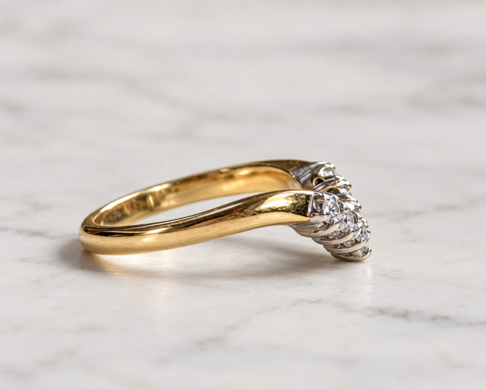 vintage diamond wishbone ring in 9ct yellow gold for sale in Leeds, showing side profile