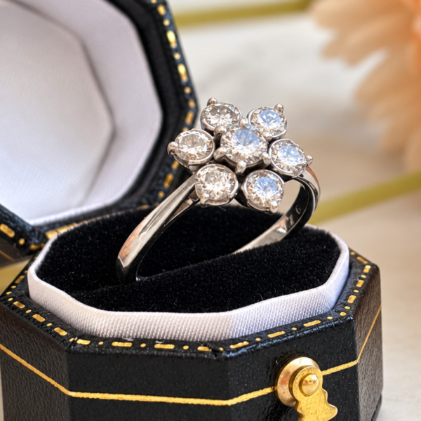 vintage diamond flower ring in 18ct white gold and platinum for sale in Leeds