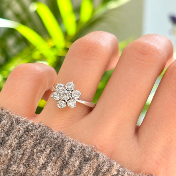 vintage diamond flower ring in 18ct white gold and platinum for sale in Leeds, shown on a model's hand