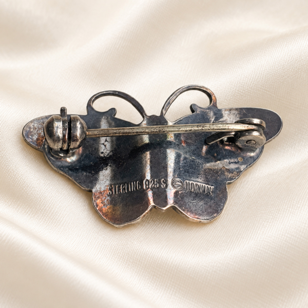 1950s Hroar Prydz silver and enamel butterfly brooch for sale in Leeds, showing back of the brooch