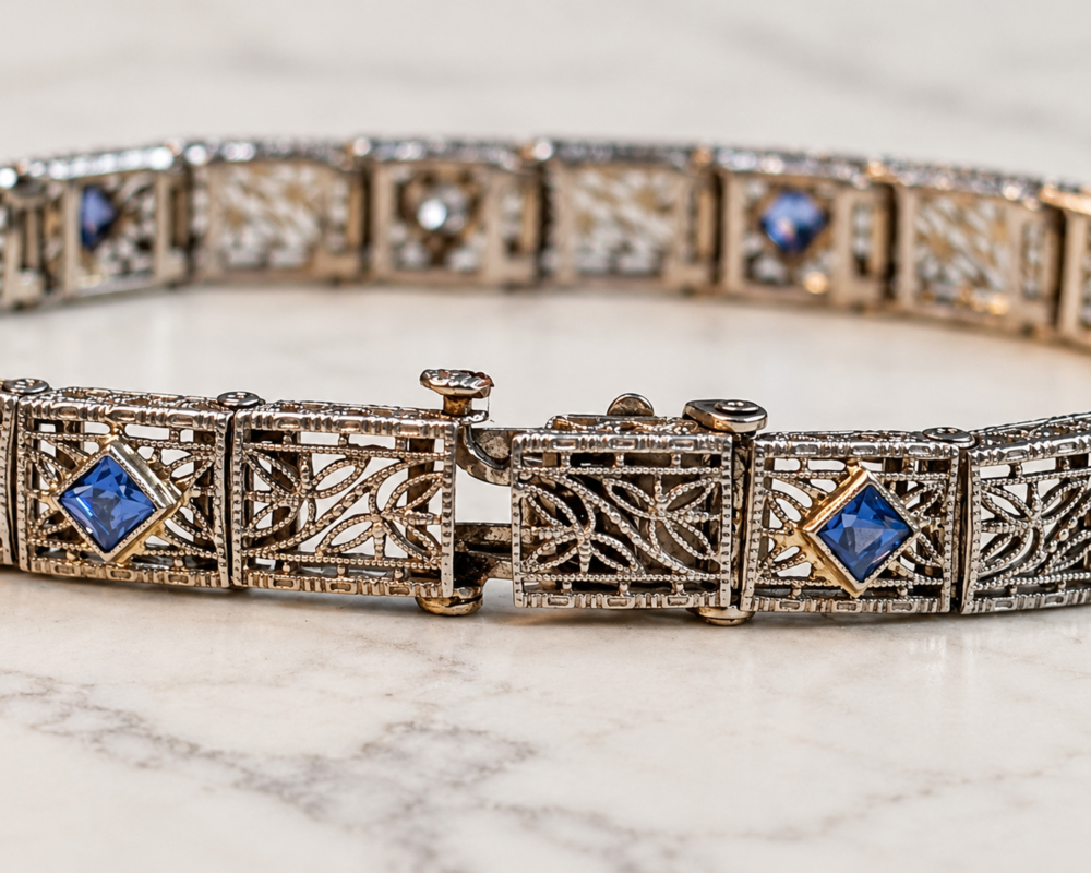 antique 1920s sapphire and diamond filigree bracelet showing the clasp