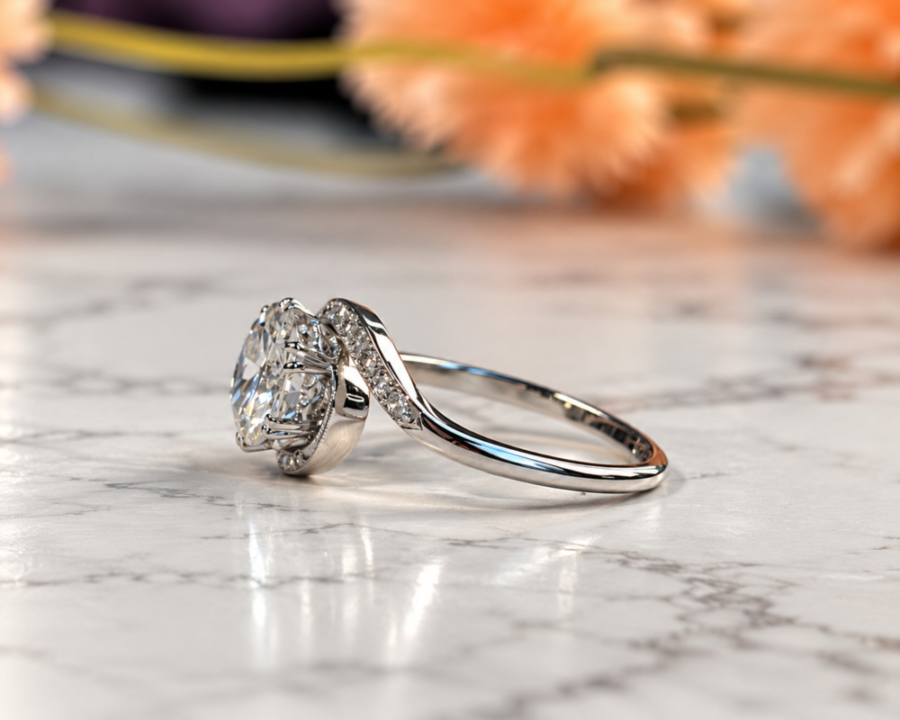 Antique 1930s diamond solitaire twist ring in platinum for sale in Leeds, showing the side profile