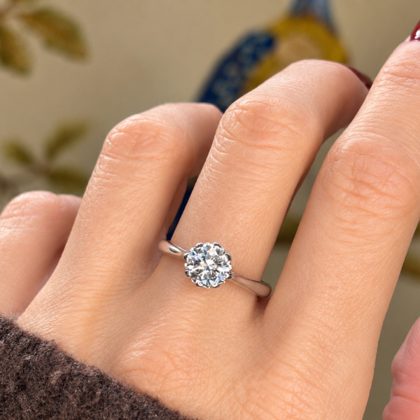antique 1930s 1ct diamond solitaire ring in 18ct white gold for sale in Leeds shown on a model's hand