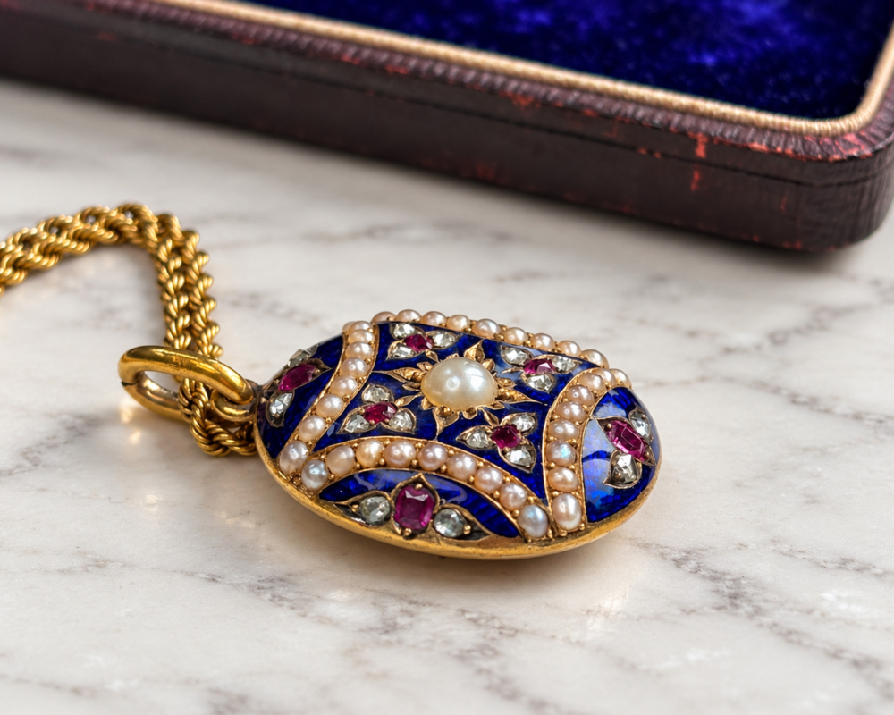 An antique Victorian 15ct gold blue enamel, rose cut diamond, seed pearl and ruby open backed locket on an 18ct gold 16 inch chain, laying on its side to show the side profile next to an antique box on marble