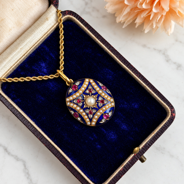An antique Victorian 15ct gold blue enamel, rose cut diamond, seed pearl and ruby open backed locket on an 18ct gold 16 inch chain. Displayed in an antique box