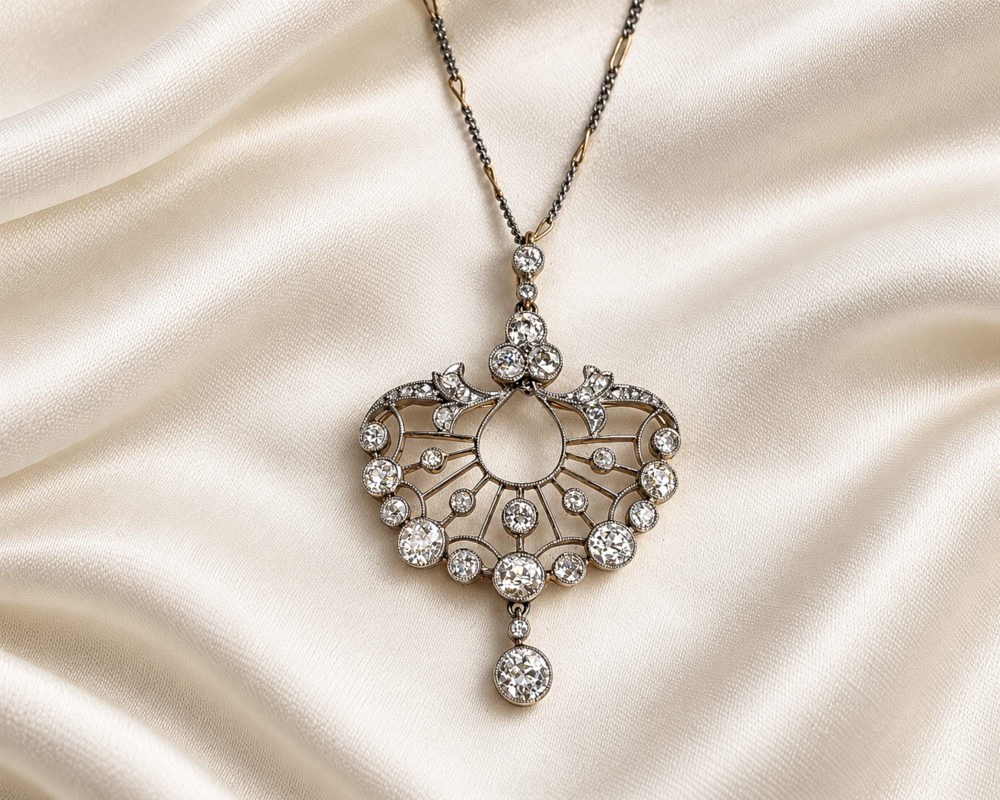 antique Edwardian era diamond pendant on a mixed metal chain for sale in Leeds,