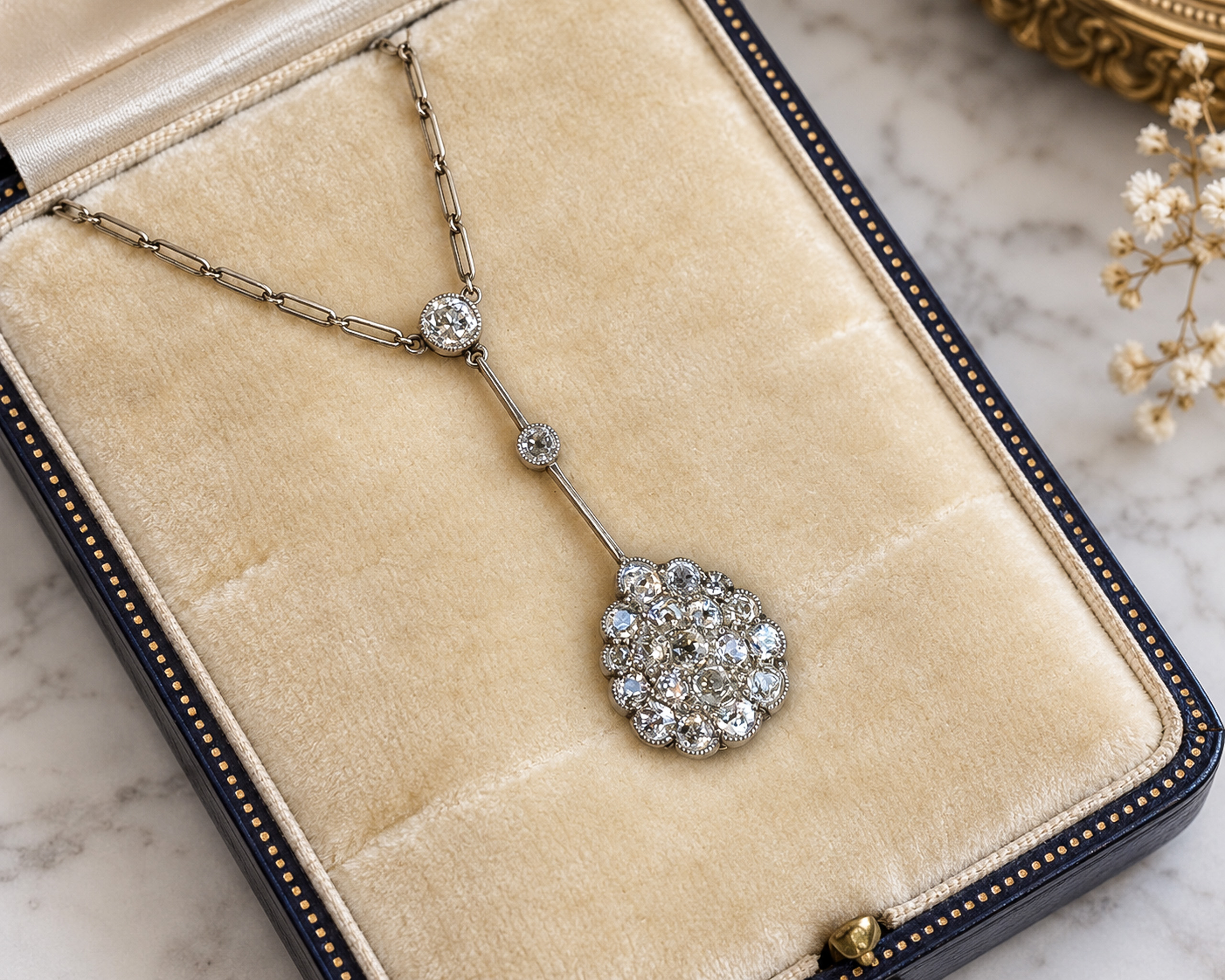 Antique Diamond Pendant in Velvet Box