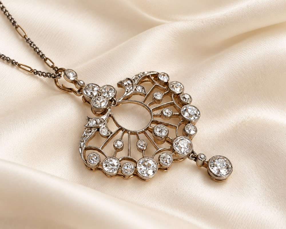 antique Edwardian era diamond pendant on a mixed metal chain for sale in Leeds,