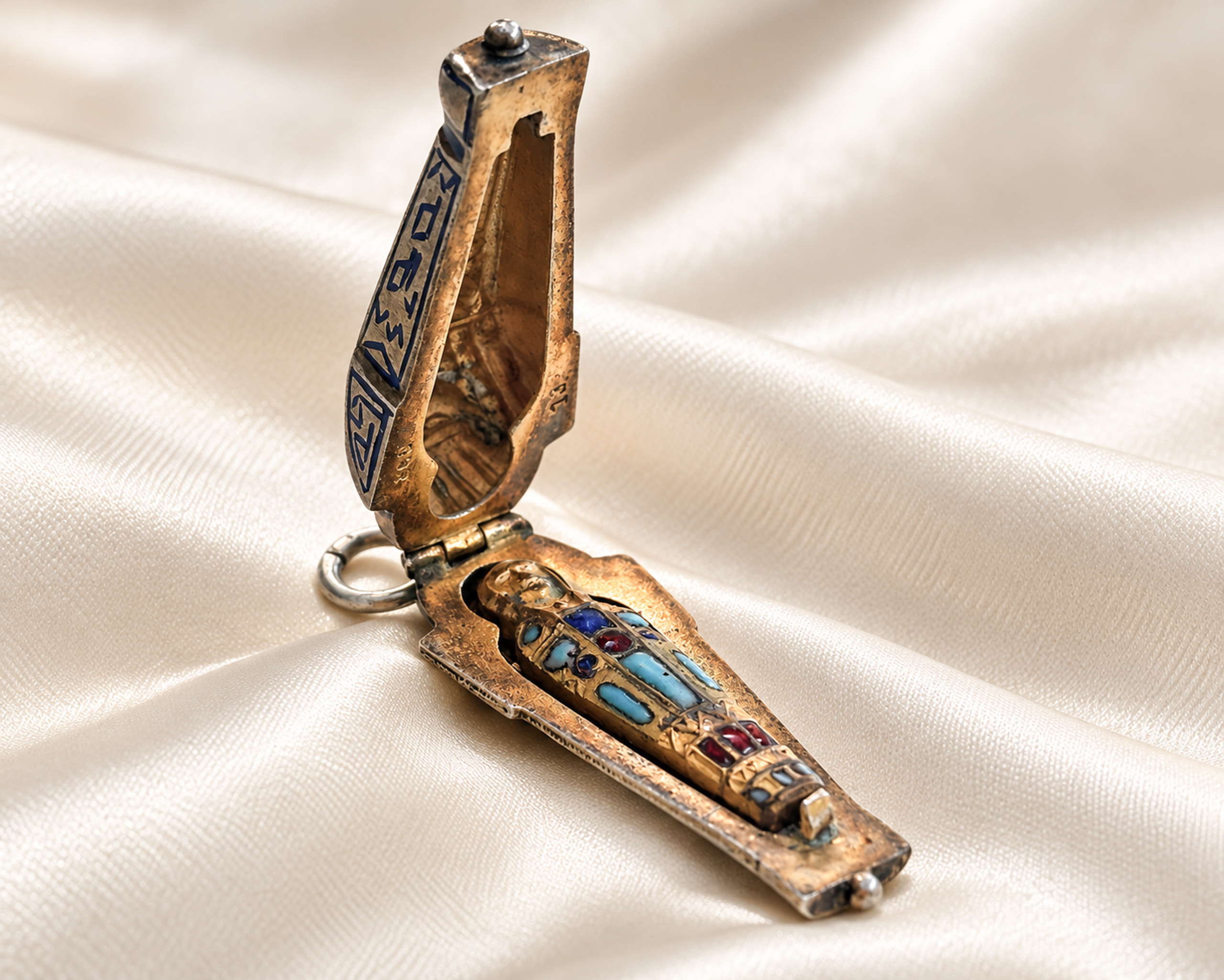 antique Egyptian Revival silver sarcophagus charm open to reveal mummy figure