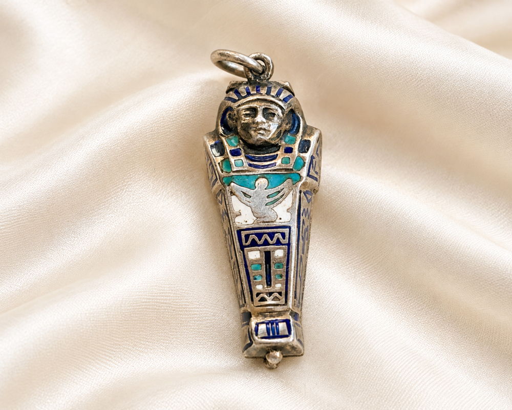 antique Egyptian Revival silver sarcophagus charm for sale in Leeds