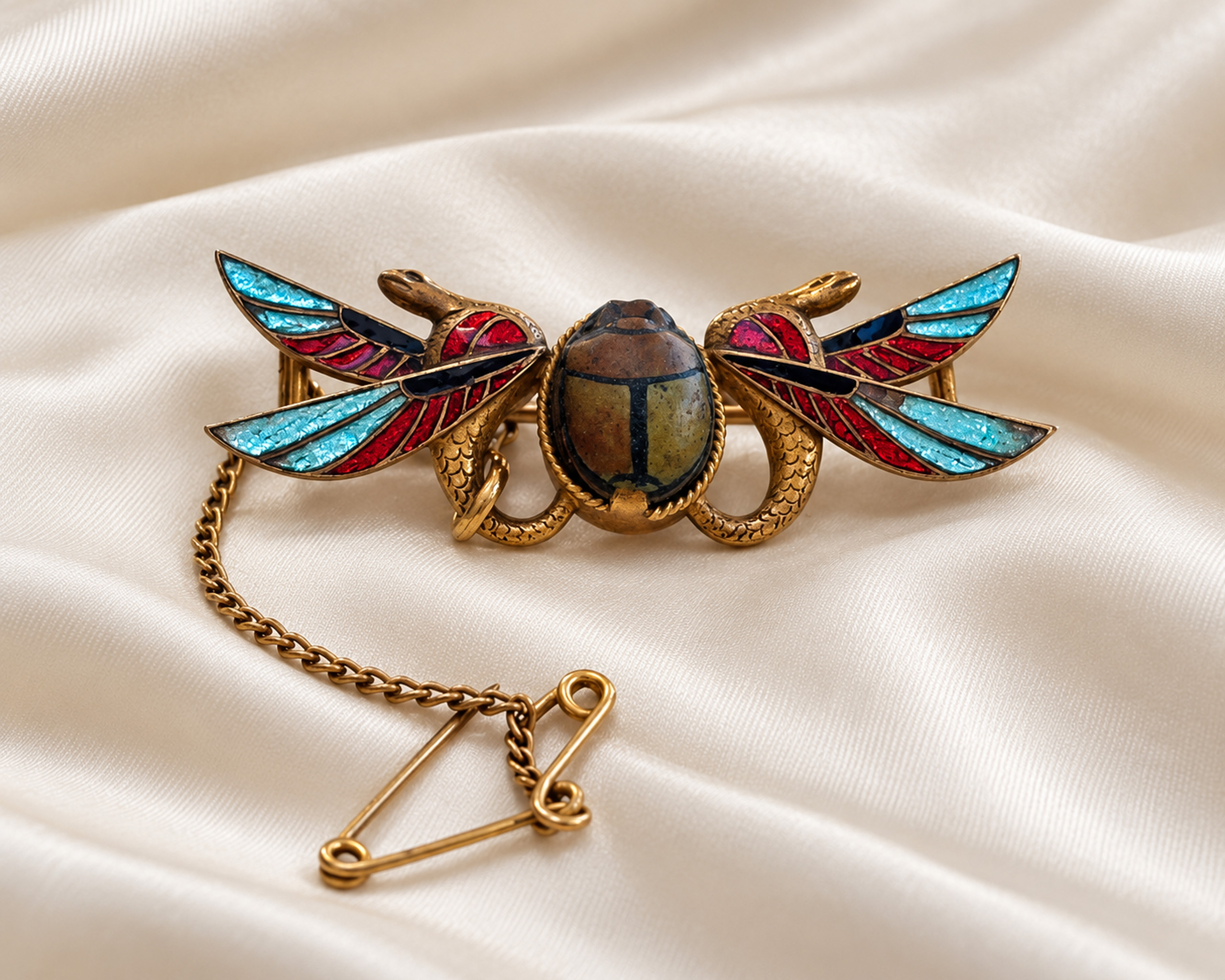 Antique Egyptian Scarab Brooch on Silk