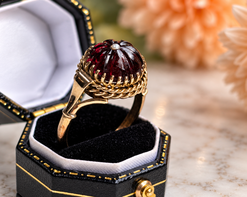 antique Victorian garnet and seed pearl ring in 15ct gold, in a black ring box