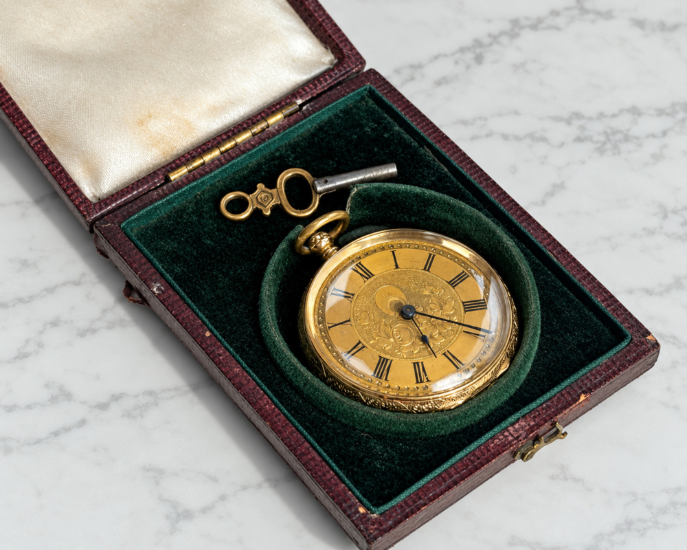 antique Victorian 14ct gold pocket watch with winding key, for sale in Leeds in box