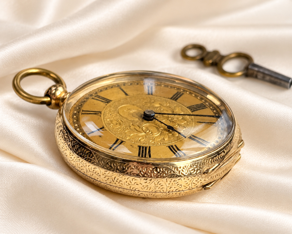 Antique Gold Pocket Watch on Satin (1) antique Victorian 14ct gold pocket watch with winding key, for sale in Leeds